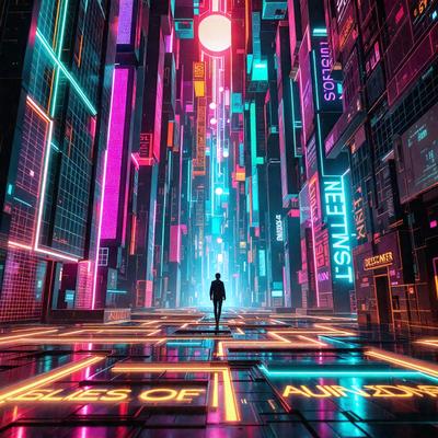 The primary subject of the image is a person walking down a street in a futuristic city. The setting is a neon-lit cityscape with tall buildings and a multitude of colorful lights. The visual style is a digital art or illustration, creating a vibrant and lively atmosphere. The colors and mood are predominantly bright and energetic, with the person standing out against the backdrop of the city.